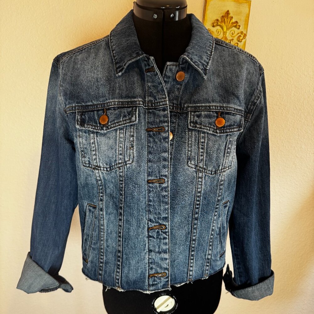 See Thru Soul Distressed Hem Jean Denim Jacket Medium